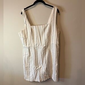 Striped Square Neck Linen Blend Dress in White and Blue